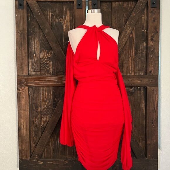 ANRABESS Sexy V Neck Ruched Bodycon Mini Dress Puff Long Sleeve Cocktail - Picture 2 of 12